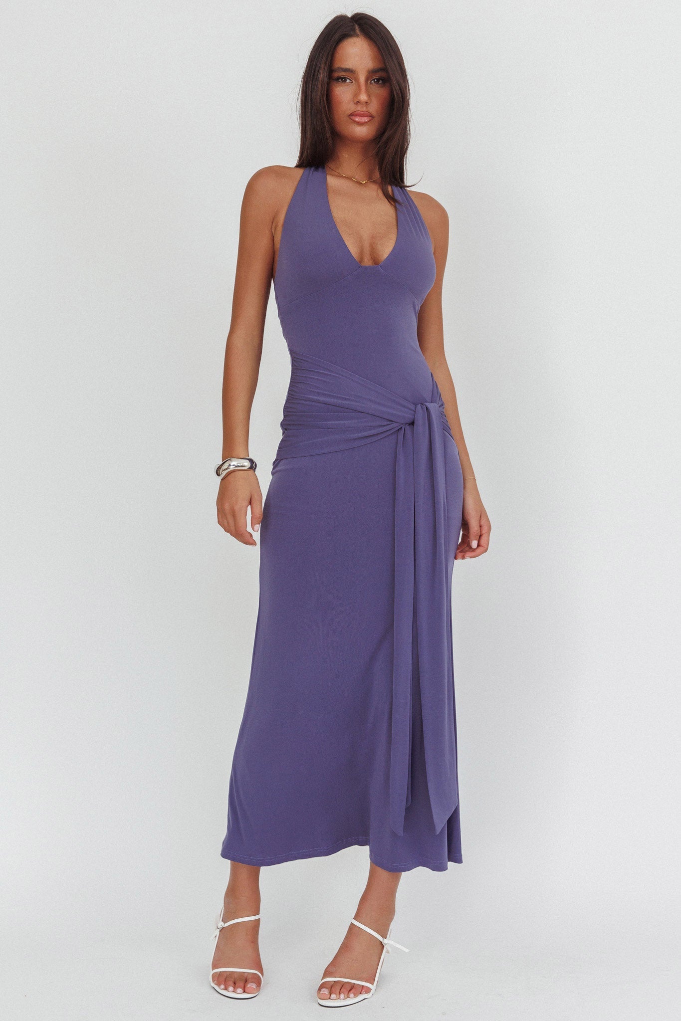 Abito lungo con cintura e scollo all'americana Matchmakers, color talpa