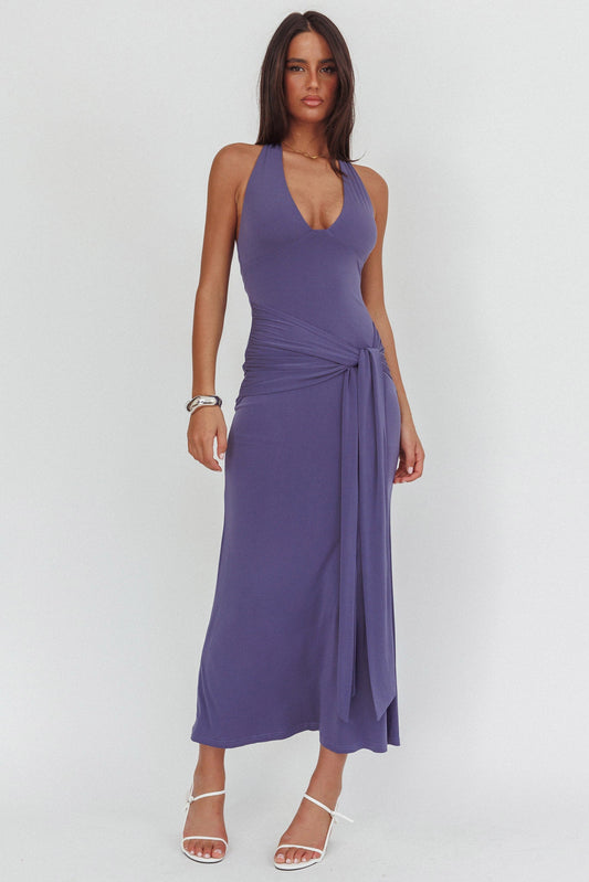 Abito lungo con cintura e scollo all'americana Matchmakers, color talpa