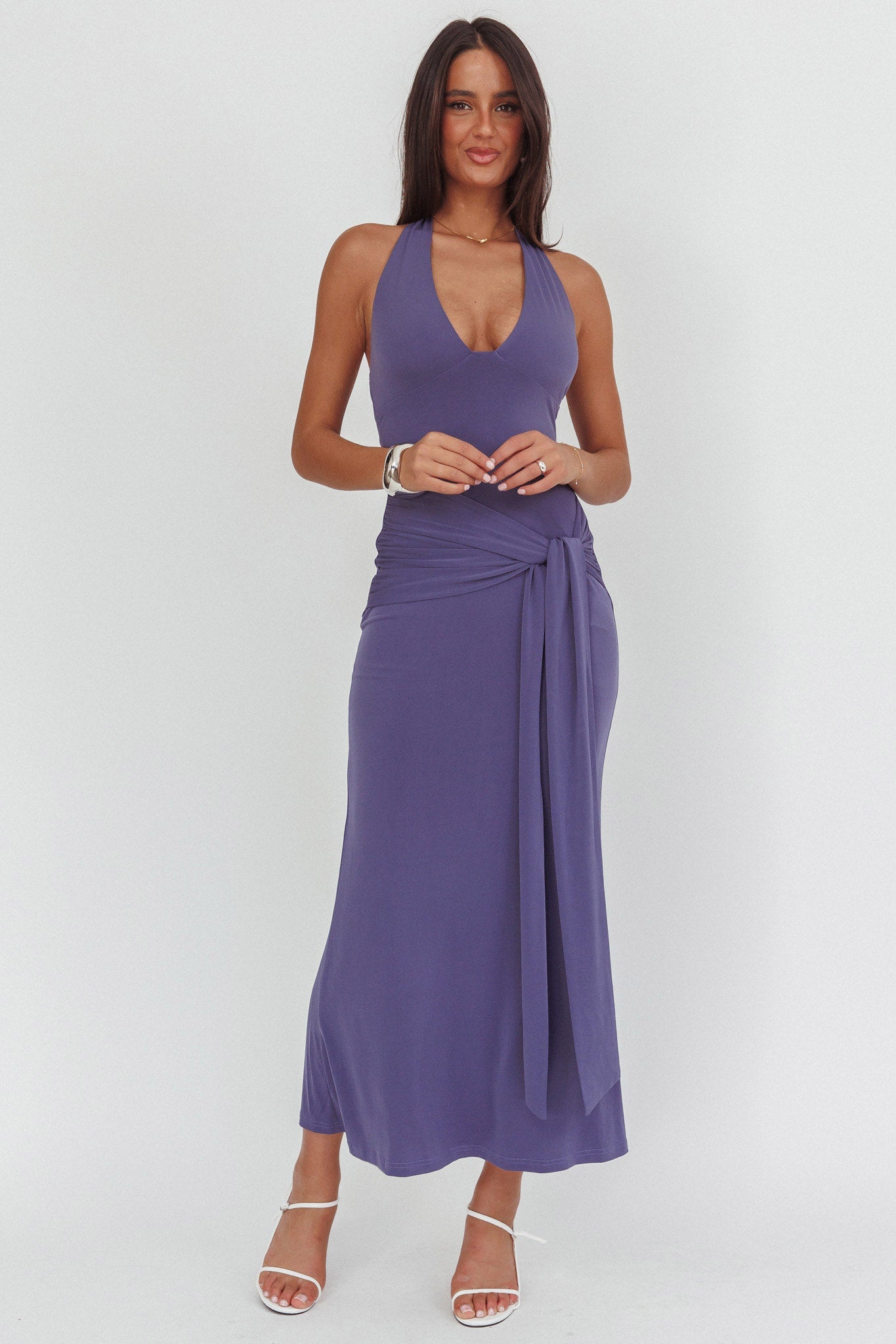 Abito lungo con cintura e scollo all'americana Matchmakers, color talpa
