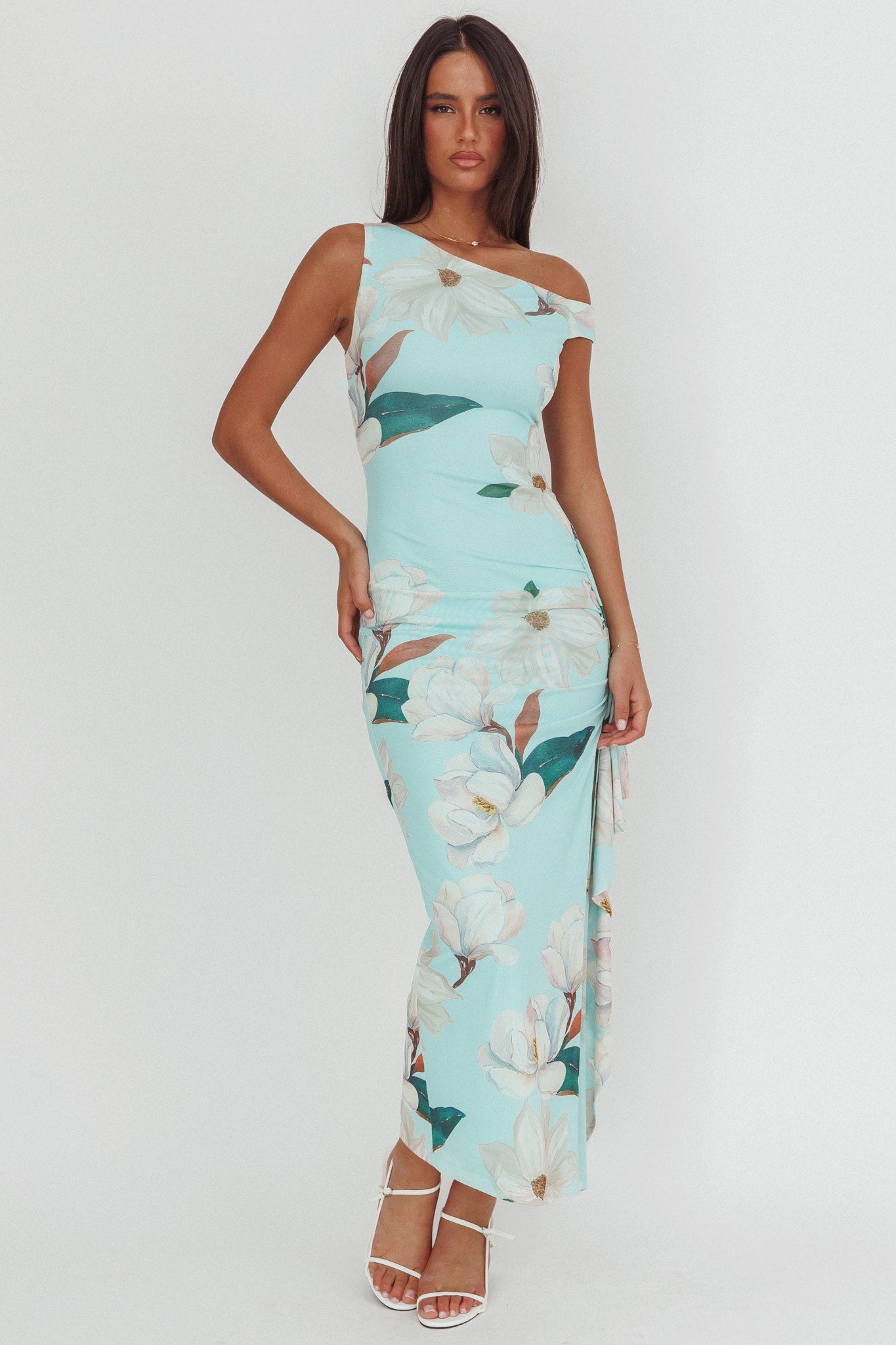 Raphaella Abito lungo con scollo asimmetrico e spacco Magnolia Mint