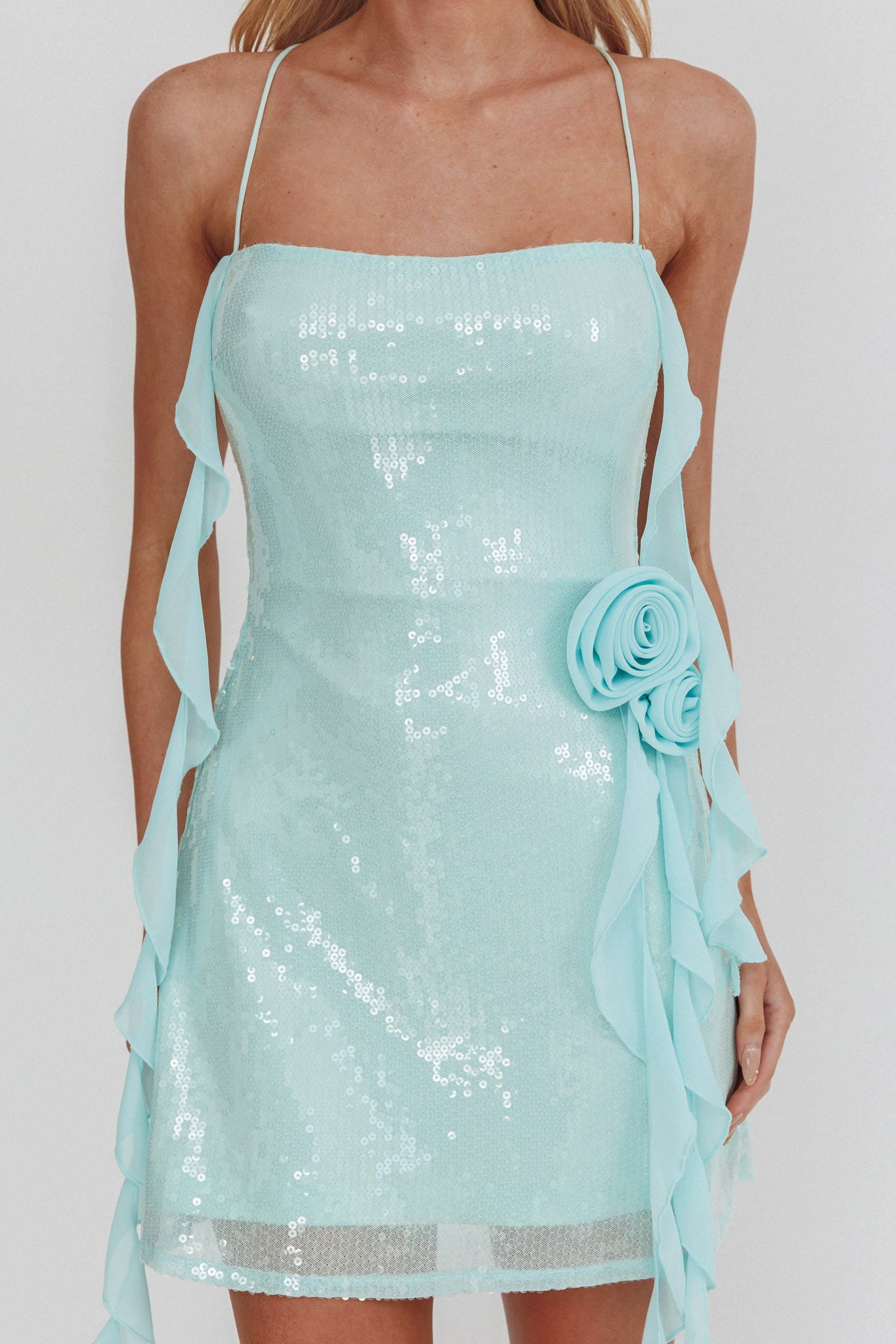 Mini abito con paillettes e rosone a balze, colore menta