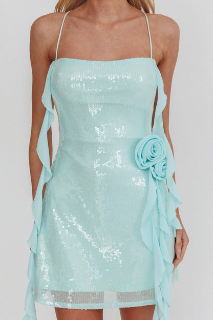 Mini abito con paillettes e rosone a balze, colore menta