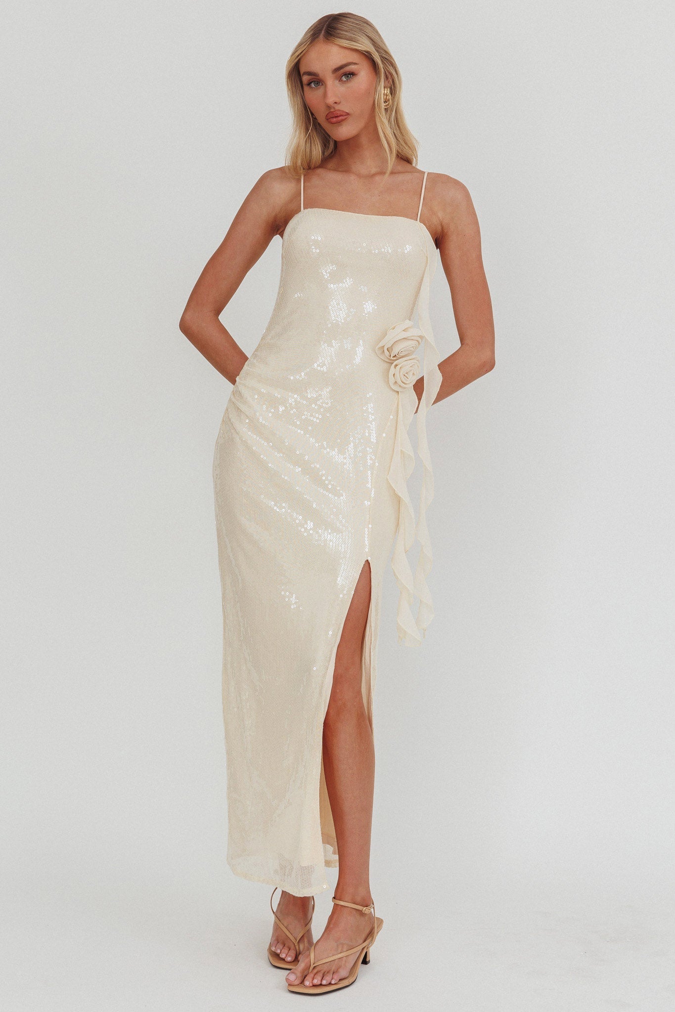 She Glows Cami Strap Sequin Maxi Dress Champagne