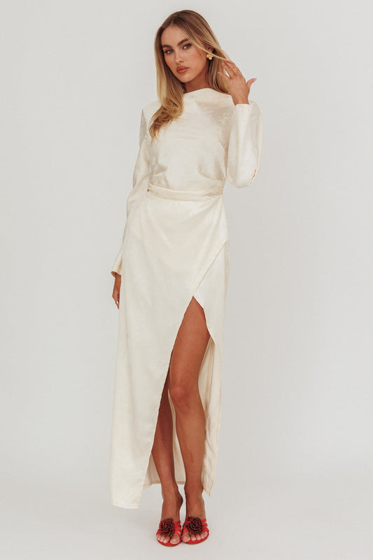Abito lungo con scollo a V e maniche lunghe Loveland beige