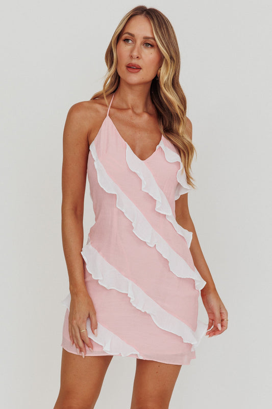 Arrabel Mini abito rosa con volant a contrasto e scollo all'americana