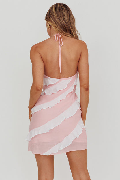 Arrabel Mini abito rosa con volant a contrasto e scollo all'americana