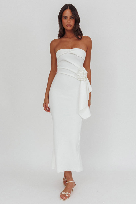 Abito midi Sasha Cascade Ruffle Rosette bianco