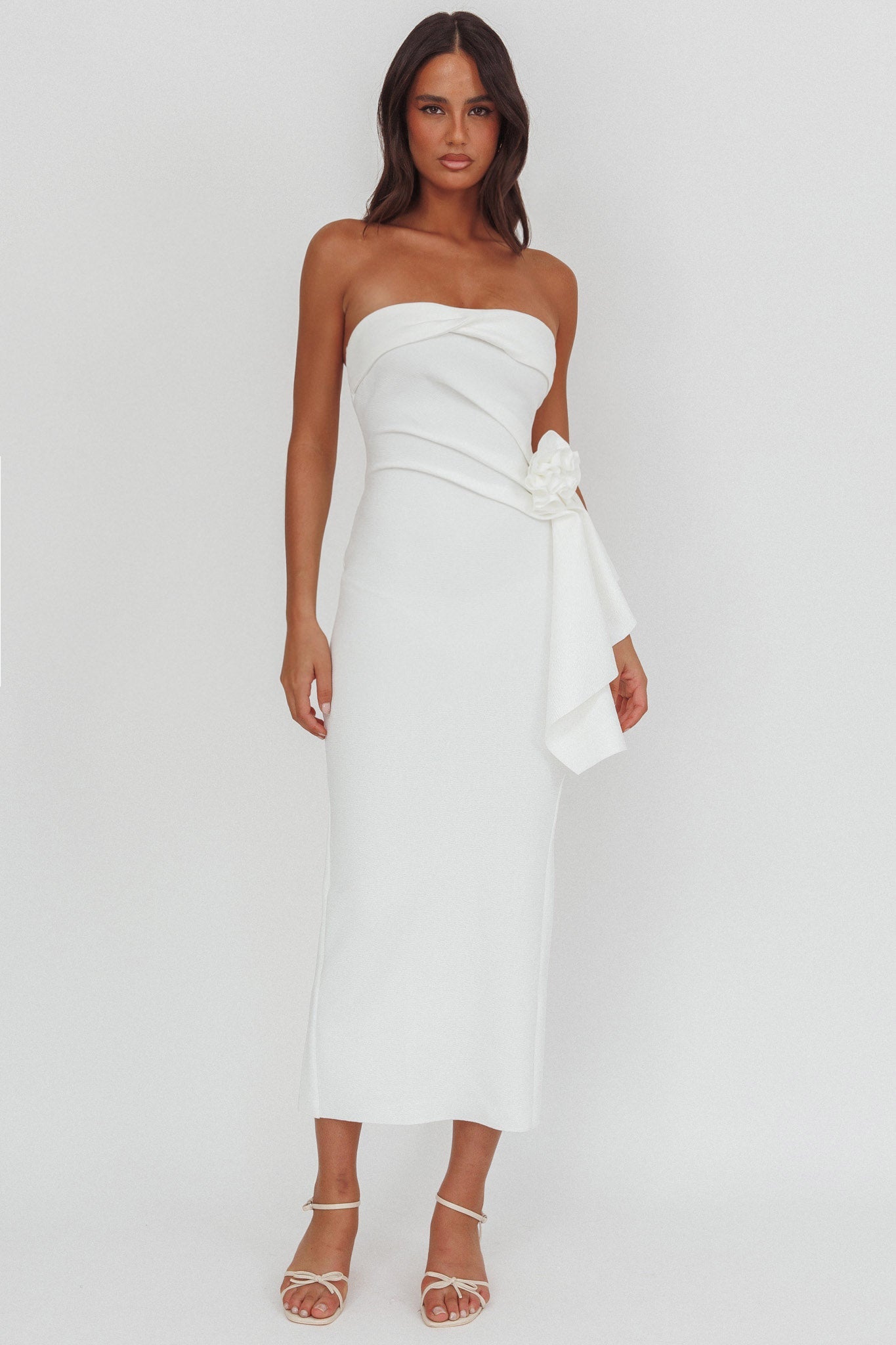 Abito midi Sasha Cascade Ruffle Rosette bianco