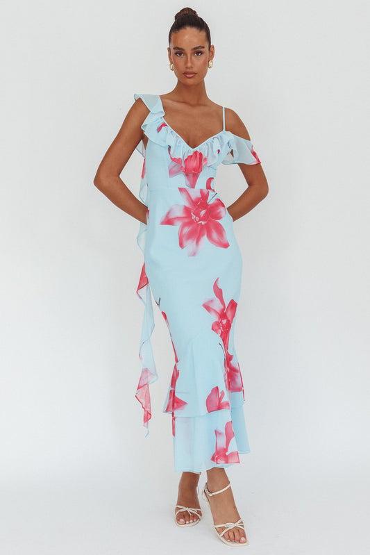 Abito lungo con volant Sun Lover blu giglio