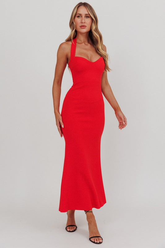 Abito lungo rosso con scollo all'americana e motivo Fire Of Stars