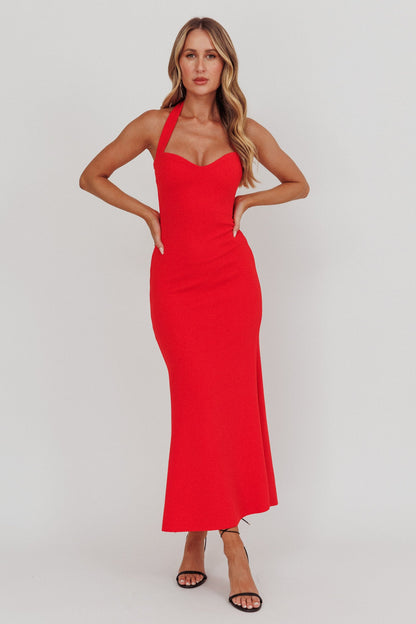 Abito lungo rosso con scollo all'americana e motivo Fire Of Stars