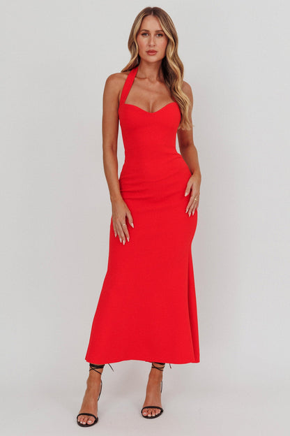 Abito lungo rosso con scollo all'americana e motivo Fire Of Stars