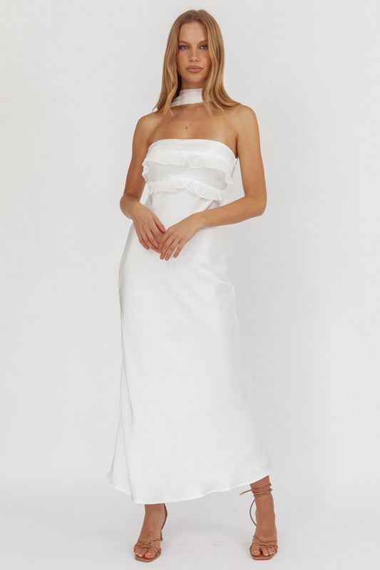 Damsel Reverse Halter Frill Trim Maxi Dress Bianco