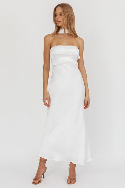 Damsel Reverse Halter Frill Trim Maxi Dress Bianco