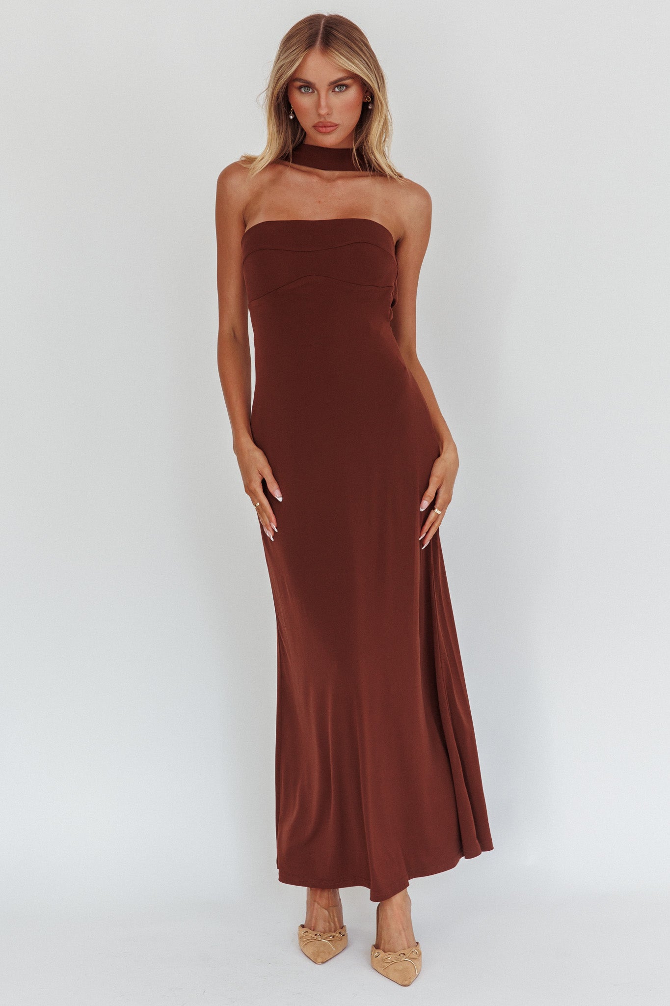 Damsel Reverse Halter Maxi Dress Cioccolato
