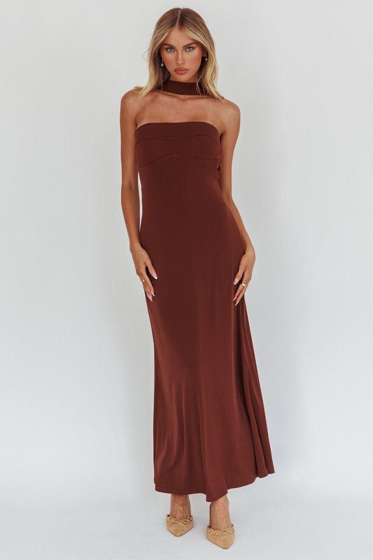 Damsel Reverse Halter Maxi Dress Cioccolato
