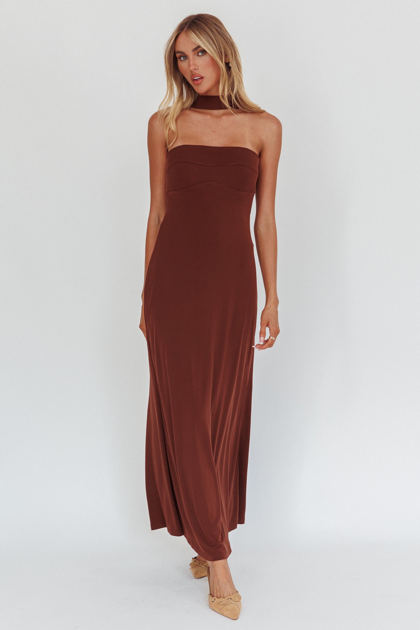 Damsel Reverse Halter Maxi Dress Cioccolato