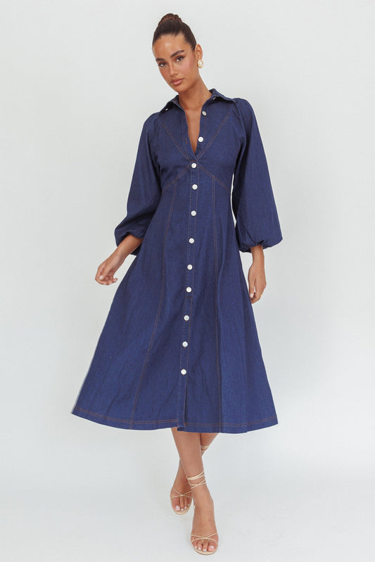 Abito midi lungo stile palloncino Ania in denim scuro