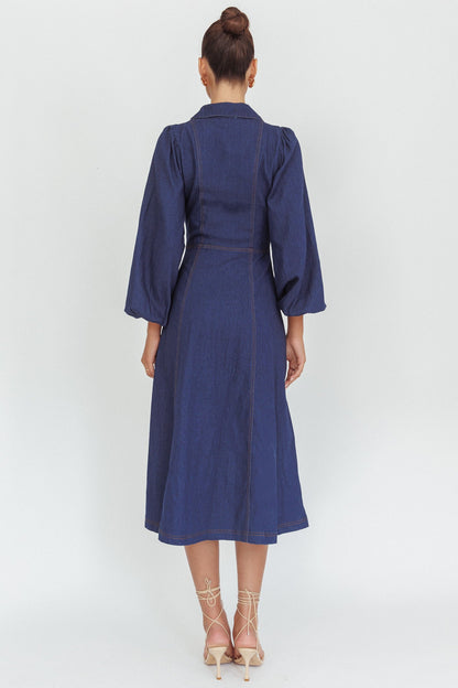 Abito midi lungo stile palloncino Ania in denim scuro