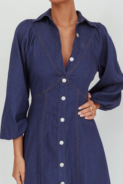 Abito midi lungo stile palloncino Ania in denim scuro