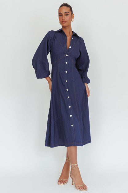 Abito midi lungo stile palloncino Ania in denim scuro