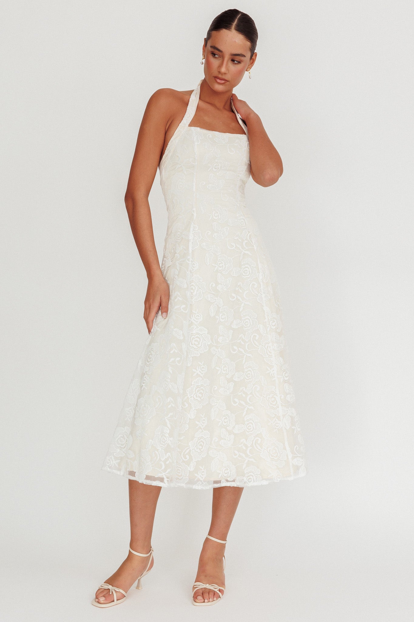 Abito midi Elliott A-Line con scollo all'americana, bianco