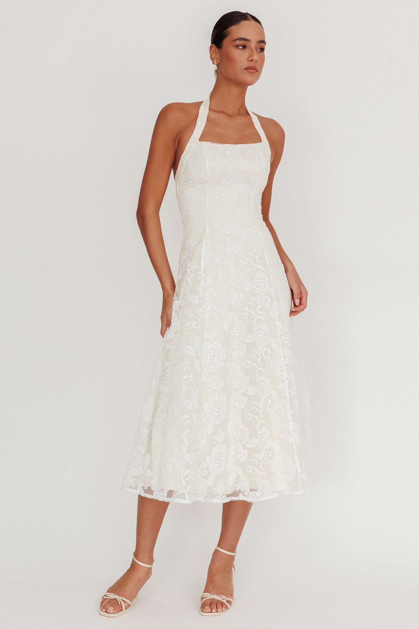 Abito midi Elliott A-Line con scollo all'americana, bianco