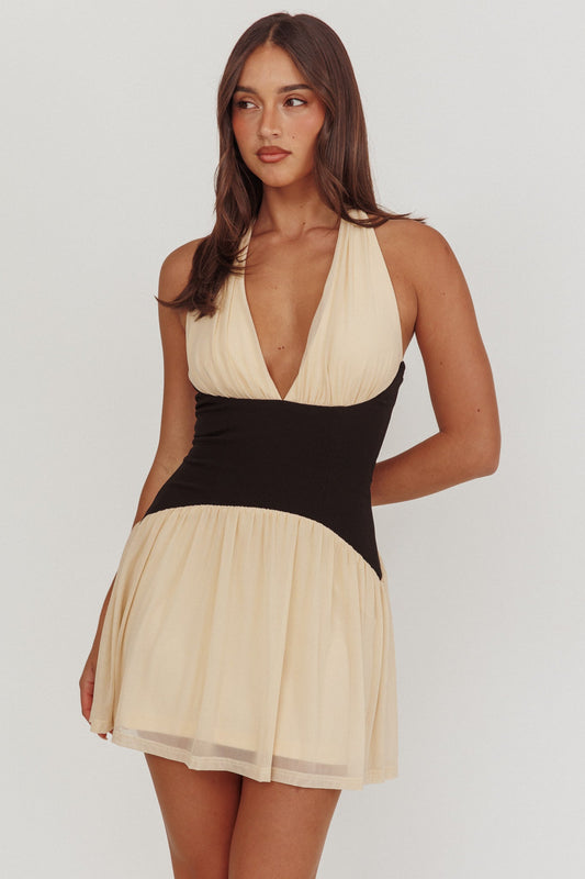 Milos Contrast Halter Mini Dress Crema
