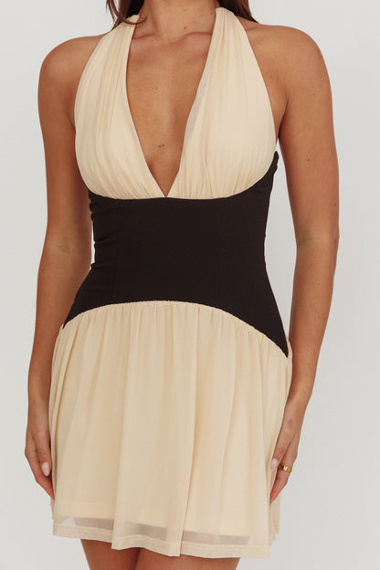 Milos Contrast Halter Mini Dress Crema