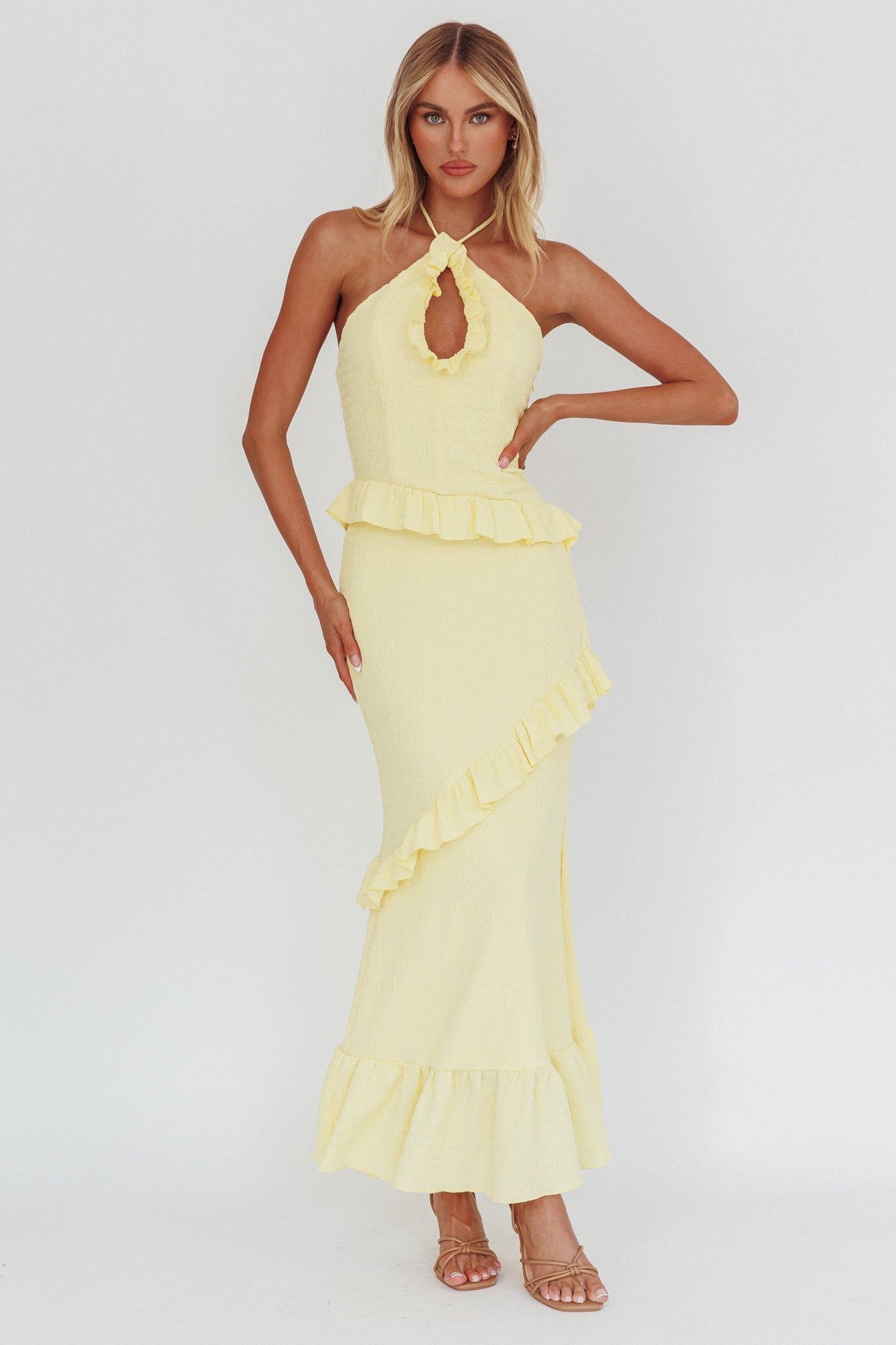 Abito lungo con volant e arricciature Clemence color limone