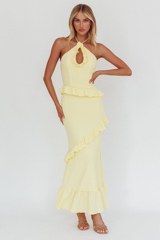 Abito lungo con volant e arricciature Clemence color limone