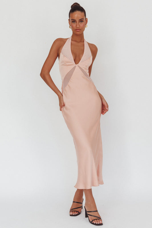 Abito lungo con scollo all'americana e pannello trasparente Kasi, rosa
