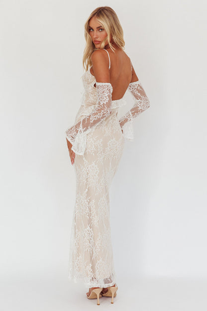 Zarah Abito lungo in pizzo con maniche a spalle scoperte, bianco