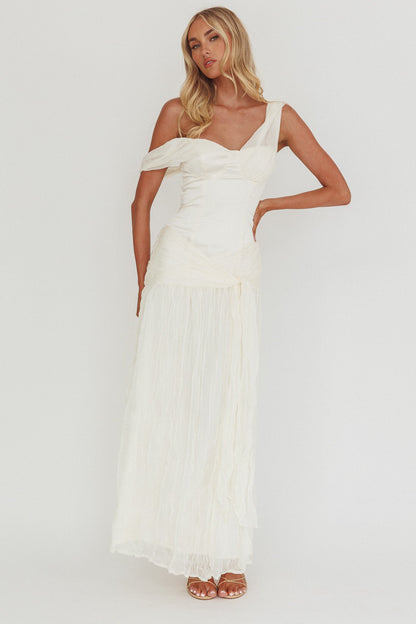 Abito lungo monospalla in chiffon crêpe Keia color ostrica