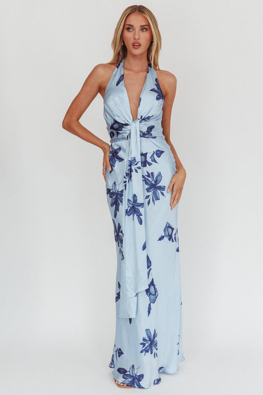 Abito lungo con scollo all'americana e scollo profondo, motivo floreale blu navy