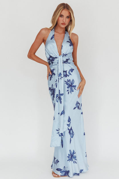 Abito lungo con scollo all'americana e scollo profondo, motivo floreale blu navy