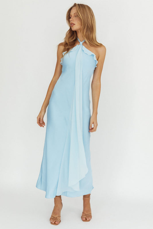 Abito lungo con fascia e scollo all'americana Starlet azzurro
