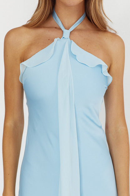 Abito lungo con fascia e scollo all'americana Starlet azzurro