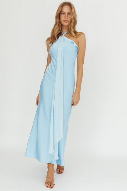Abito lungo con fascia e scollo all'americana Starlet azzurro