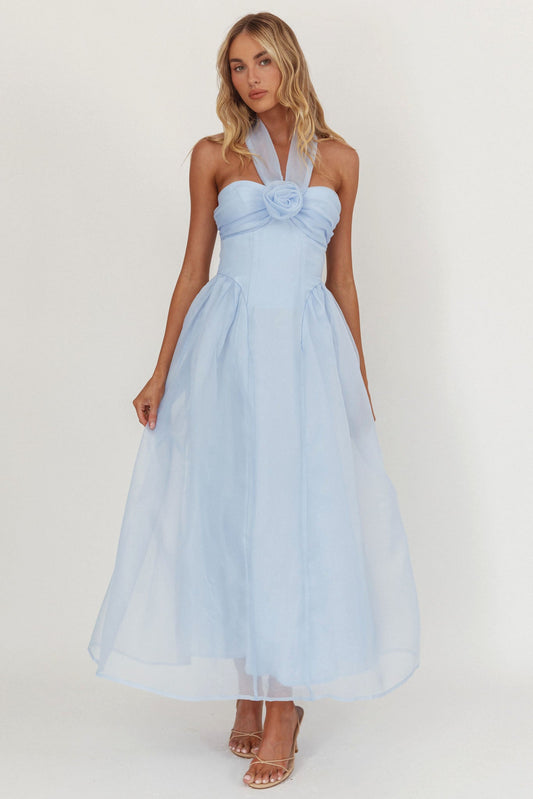Abito midi con scollo all'americana e scollo a rosa Elvera, blu