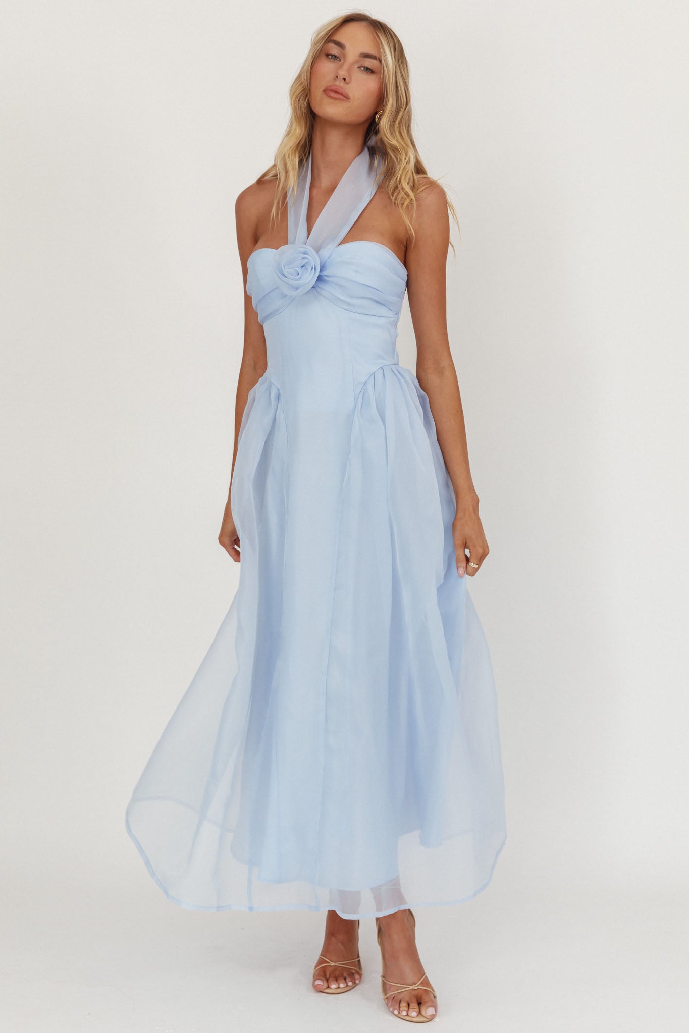 Abito midi con scollo all'americana e scollo a rosa Elvera, blu