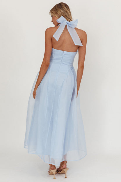 Abito midi con scollo all'americana e scollo a rosa Elvera, blu