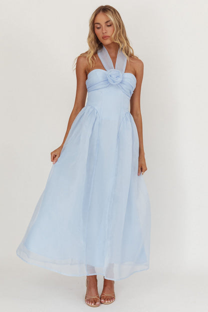Abito midi con scollo all'americana e scollo a rosa Elvera, blu