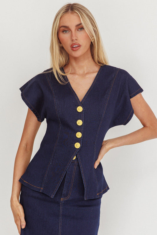 Maglia a maniche corte con bottoni in denim