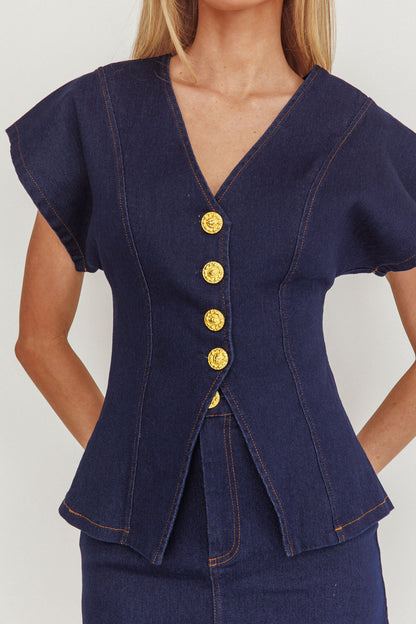 Maglia a maniche corte con bottoni in denim