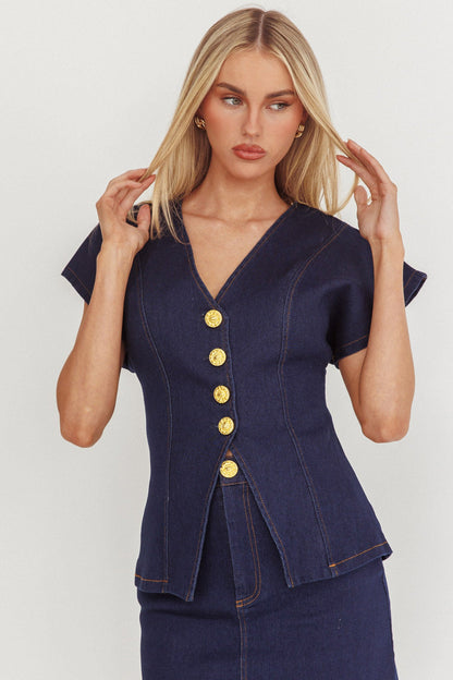 Maglia a maniche corte con bottoni in denim