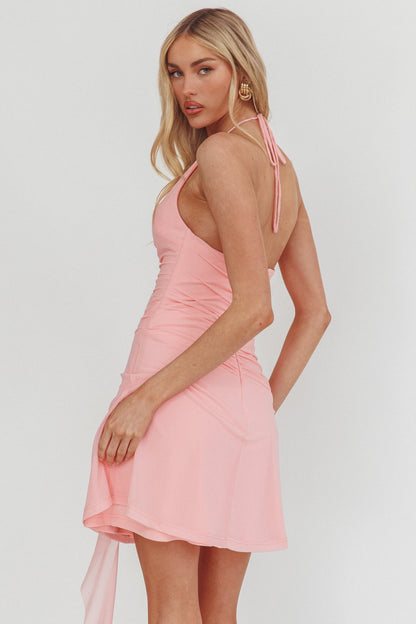 Mini abito rosa con scollo all'americana e volant Belize Nights