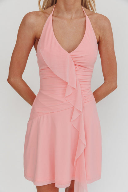 Mini abito rosa con scollo all'americana e volant Belize Nights