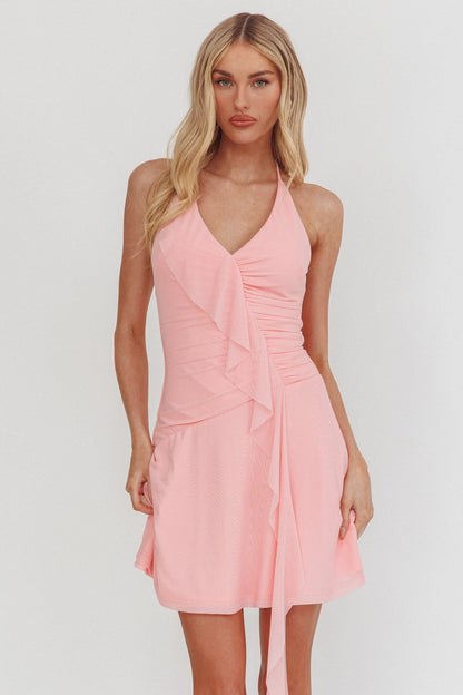 Mini abito rosa con scollo all'americana e volant Belize Nights
