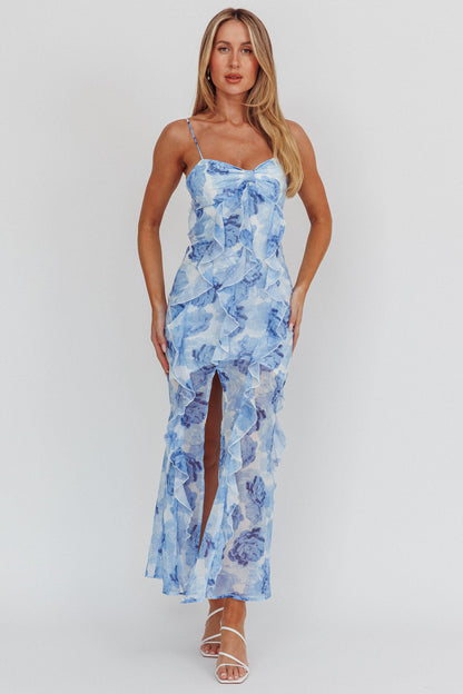 Abito lungo con volant verticali Frannie blu floreale